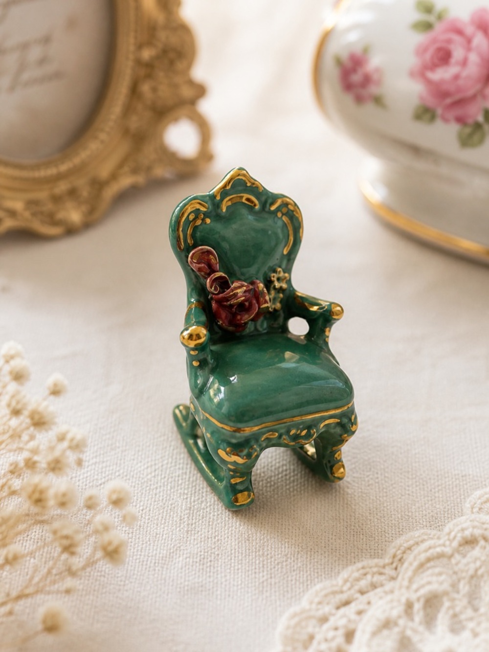 Vintage Miniature Rococo Rocking Chair Figurine Green Gold 3.5” Ceramic